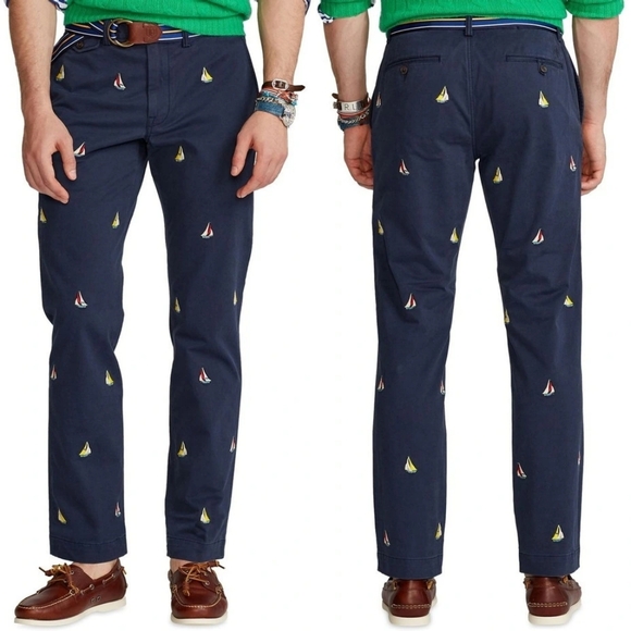 Polo Ralph Lauren Navy Stretch Straight Fit Sailboat Motif Chino Pants Sz 36X34 - Picture 2 of 12
